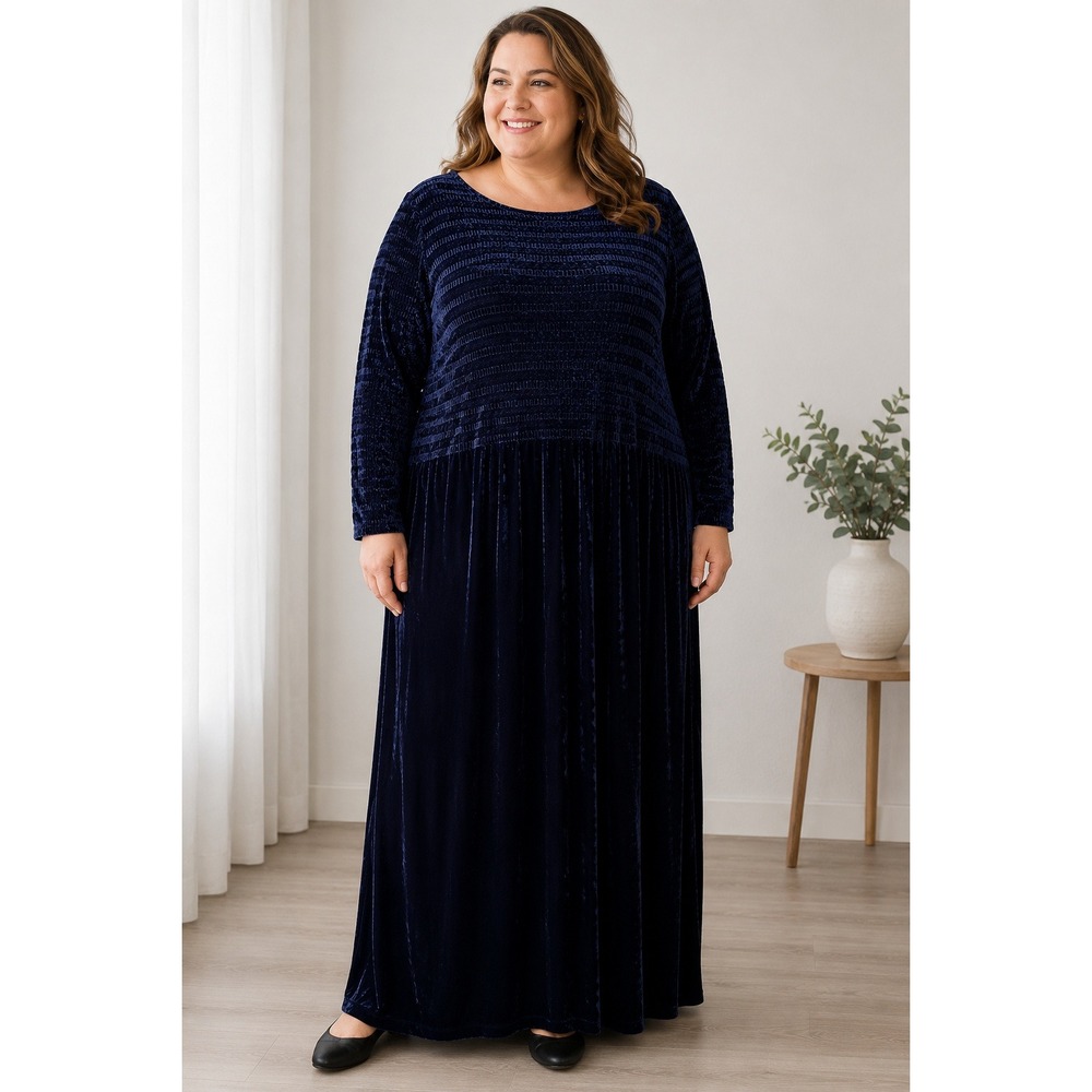 Coldwater Creek Dress Women's 2X  Velvet Textured Pleated Maxi Navy Blue